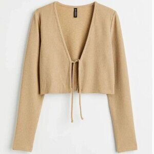 Divided H&M Cropped Knit Top Cardigan Beige Ribbed Tie Front L